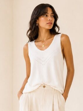 Emproved Romantic Ivory Organic Cotton Pointelle Knit Tank Sz L